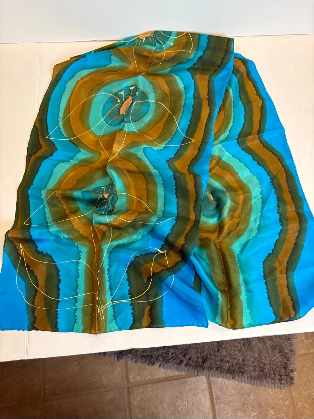 Vintage Luciano Micallef Silk Scarf Hand Painted Blue Green Flower Art Panel 54x